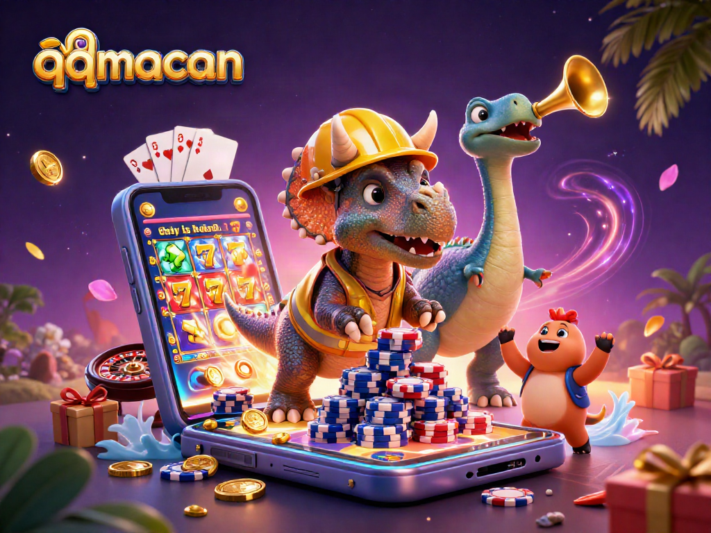 Mainkan qqmacan dengan triceratops membangun tumpukan chip poker dan slot yang berwarna-warni.