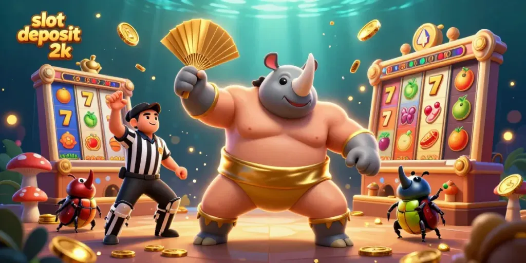Engage in action with vibrant slot deposit 2k illustrations featuring a beetle sumo champion amidst slot reels and golden coins.