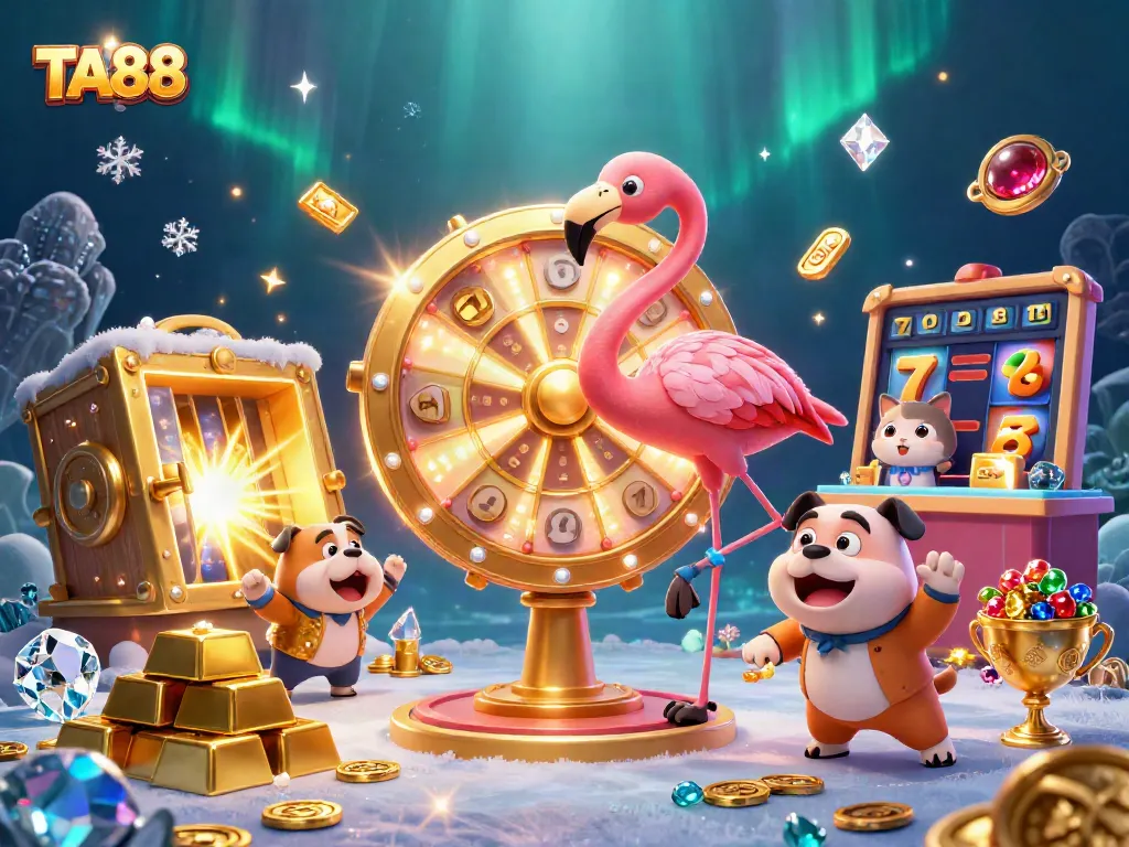 Join the excitement with TA88 as the game show host spins the prize wheel amidst sparkling treasures.