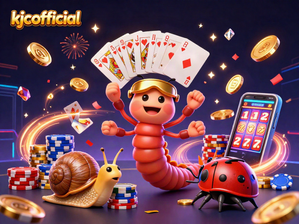 KJCOFFICIAL showcases a lively casino scene with vibrant characters and gaming elements.