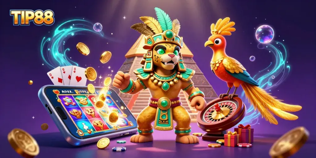 Experience thrilling gaming adventures at TIP88 with vibrant 3D casino elements showcasing exciting slot games and exotic characters.