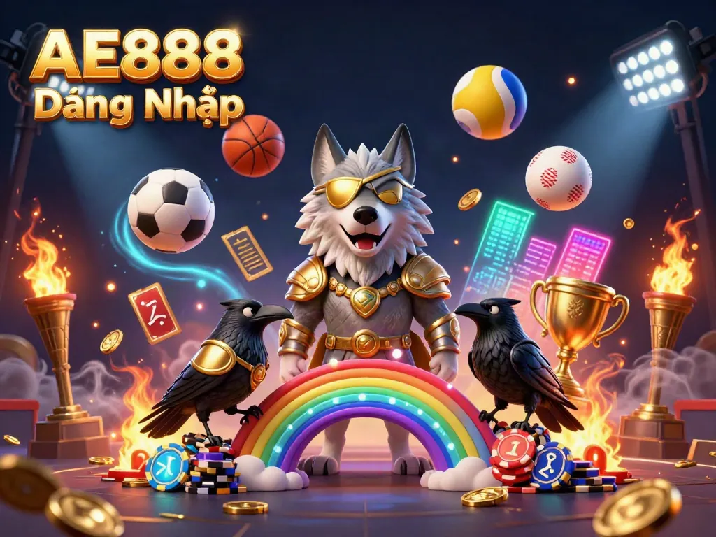 Engage with AE888 Đăng Nhập in this vibrant, action-packed 3D casino illustration featuring thrilling game elements.