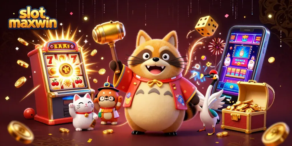 Experience epic wins with slot maxwin as a cheerful tanuki celebrates a jackpot!