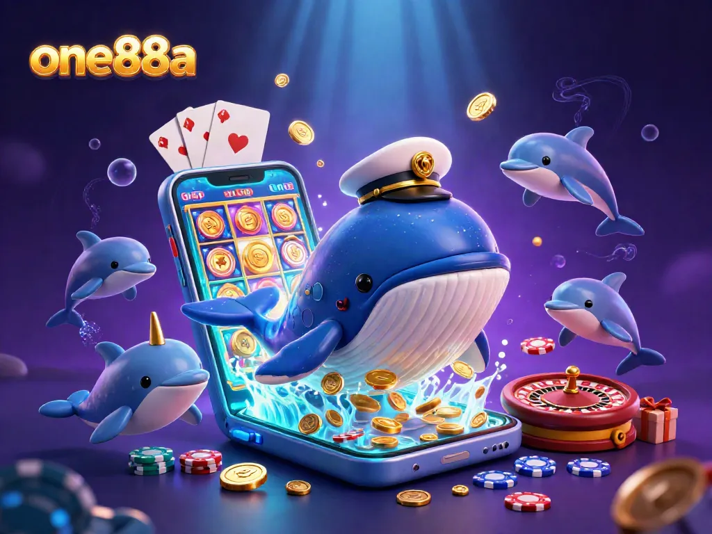 Experience the thrilling ambiance of one88a, where a vibrant whale and narwhal play among casino treasures.