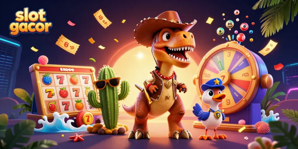 Menangkan slot gacor dengan gulungan slot dan karakter menarik dalam ilustrasi 3D yang penuh warna.