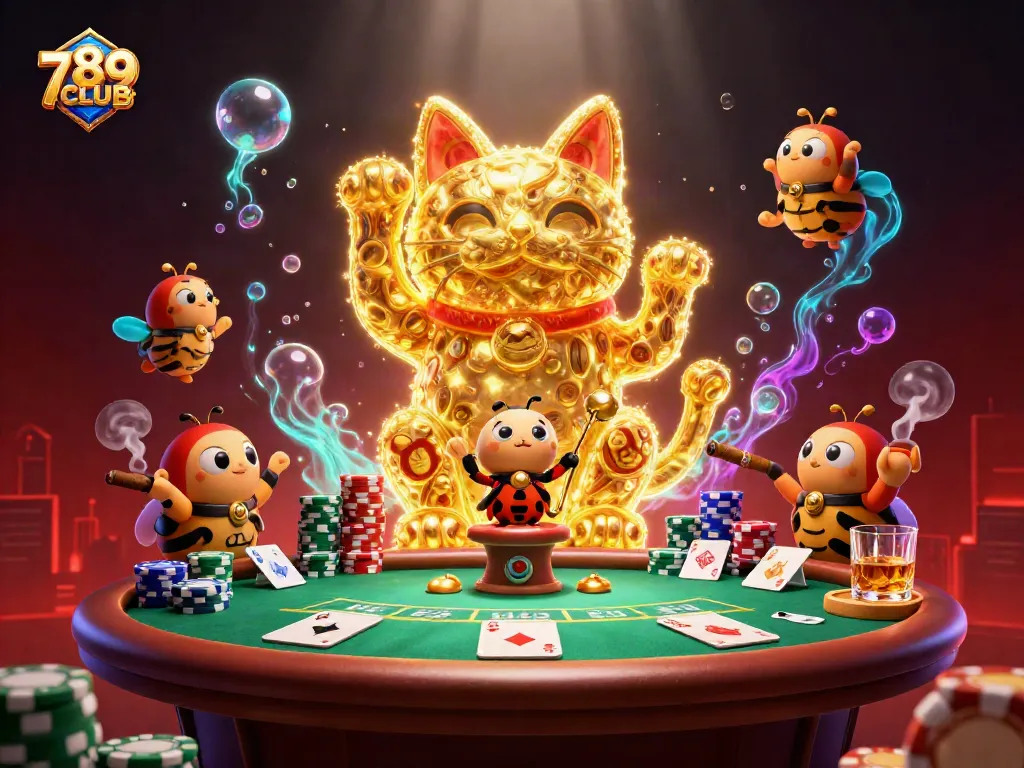 Experience the thrill of 789CLUB with a vibrant casino scene featuring a giant lucky cat