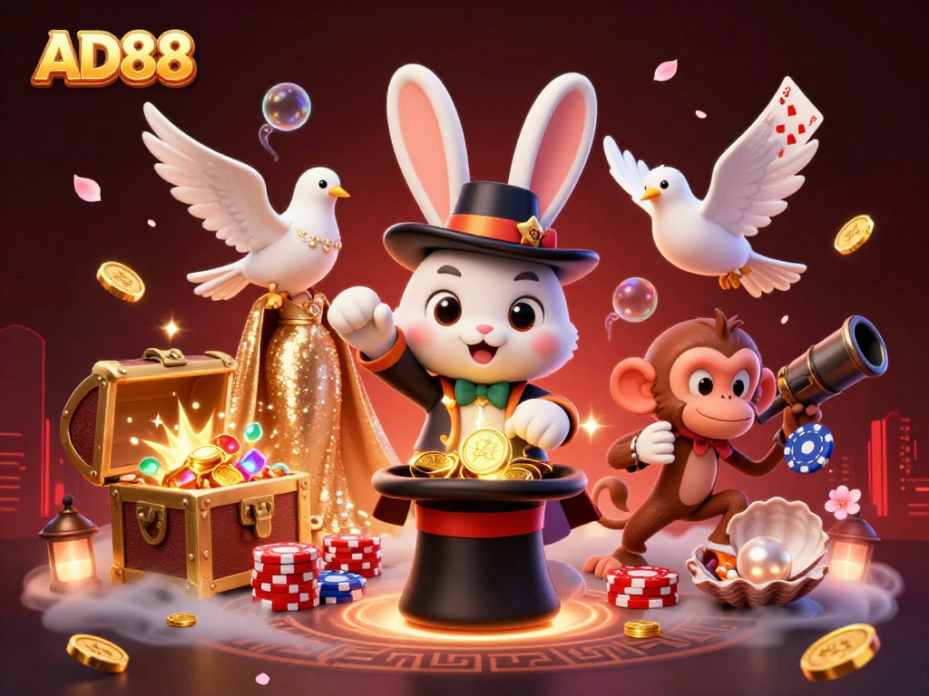 AD88's magician rabbit entertaining with golden coins, illuminated by vibrant casino elements.