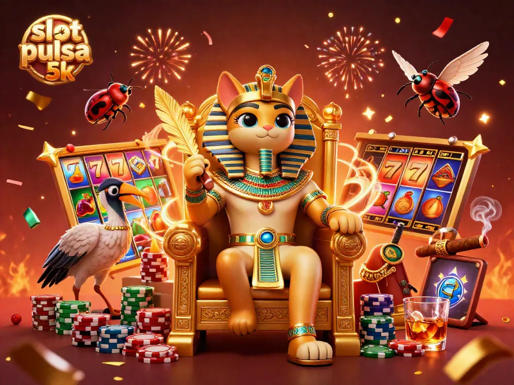 Experience excitement with slot pulsa 5k in this colorful, dynamic casino scene featuring classic symbols and vibrant characters.