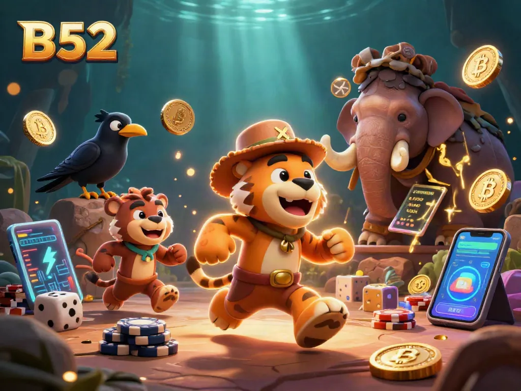 B52-themed dynamic 3D casino scene showcasing cavemen and a sabertooth tiger with glowing cryptocurrency elements.