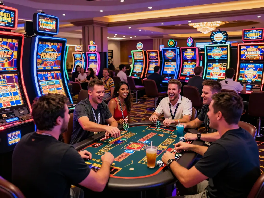 Exciting slot machine action in a lively casino, featuring players engaged in thrilling moments of excitement and anticipation.