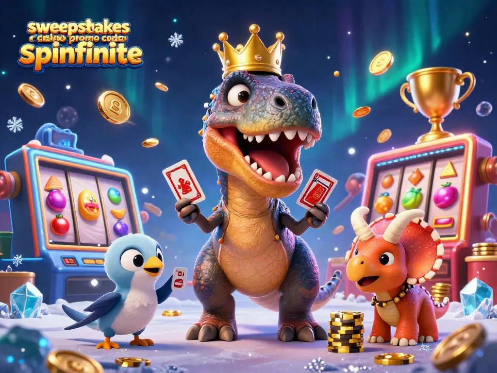 Engage with the action of the sweepstakes casino promo code spinfinite featuring a T-Rex and vibrant slot elements.