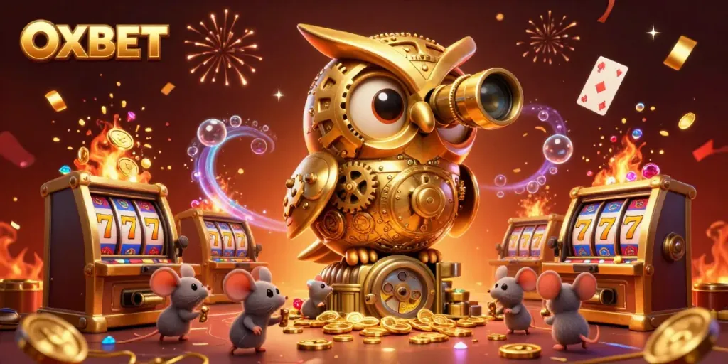 Engage with OXBET's vibrant casino scene featuring a clockwork owl, dynamic game elements, and lively themes.