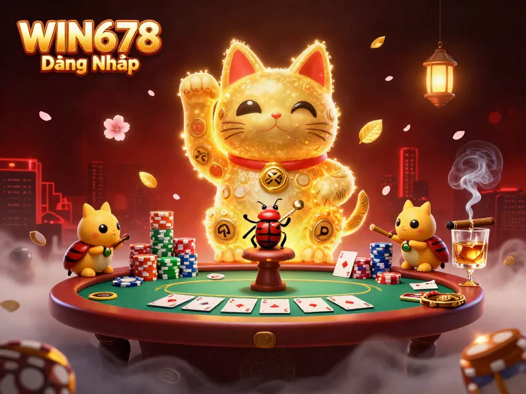 Join the excitement at WIN678 Đăng Nhập with vibrant colorful casino symbols and lucky cat illustrations.