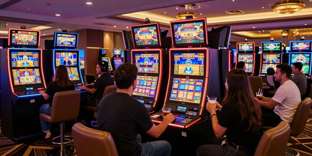 Dynamic luxury12 gaming experience with excited players and colorful slot machines.