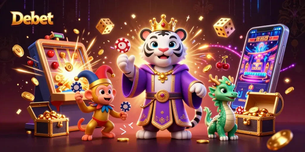 Experience the thrilling Debet casino world with vibrant characters and exciting game elements.