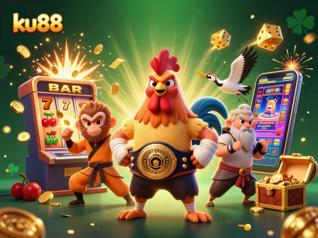 Experience exhilarating jackpots with ku88's lively casino scene featuring colorful game elements and animated characters.