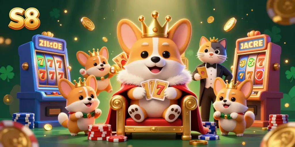 Experience S8 with a royal corgi in a colorful casino, showcasing a dynamic gaming scene.