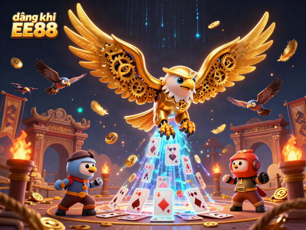 Join the action of đăng ký EE88 as a golden eagle dives with holographic cards in a vibrant casino scene.
