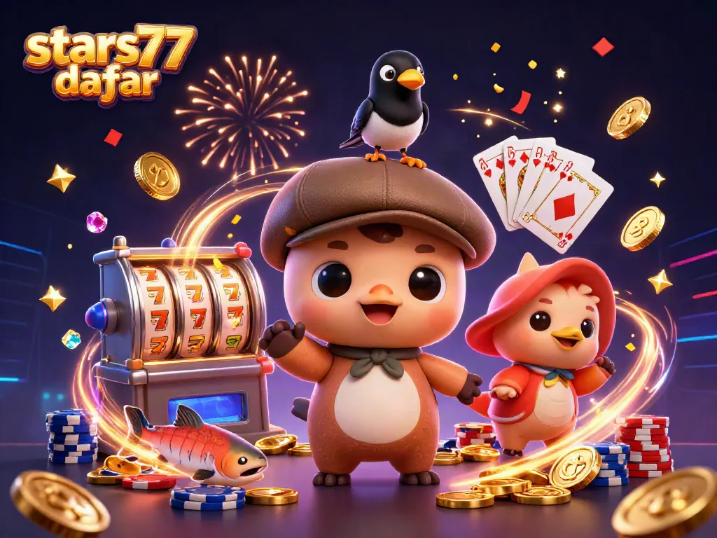 Mencoba peruntungan dengan daftar stars77 sambil mengamati simbol slot dan kartu kemenangan di gambar yang ceria ini.