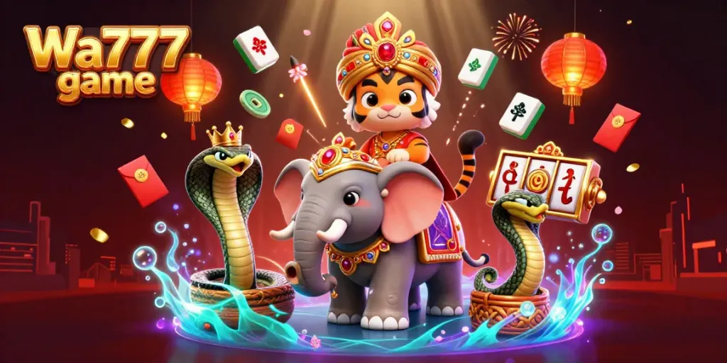 Engage with the thrilling Wa777 game featuring a 3D cartoon elephant, tiger, and cobra in a festive casino setting.