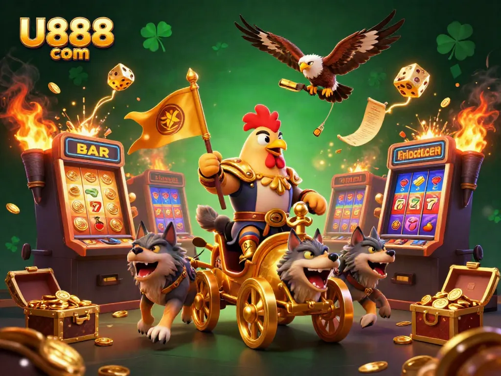 Experience the excitement of U888 com with a vivid gambling scene, showcasing a golden war chariot and jackpot explosions.