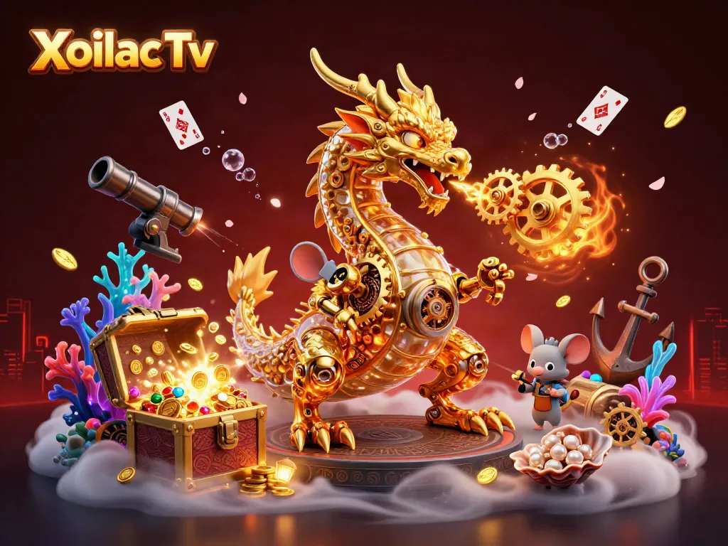 Experience thrilling gaming action with Xoilac Tv as a golden dragon breathes gears amidst vibrant casino elements.