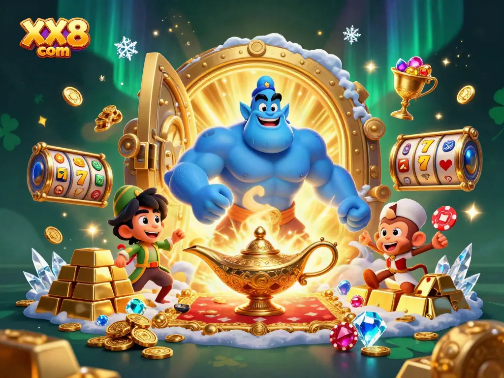 Experience the thrill of winning with XX8 com's vibrant casino illustration, featuring a magical genie.