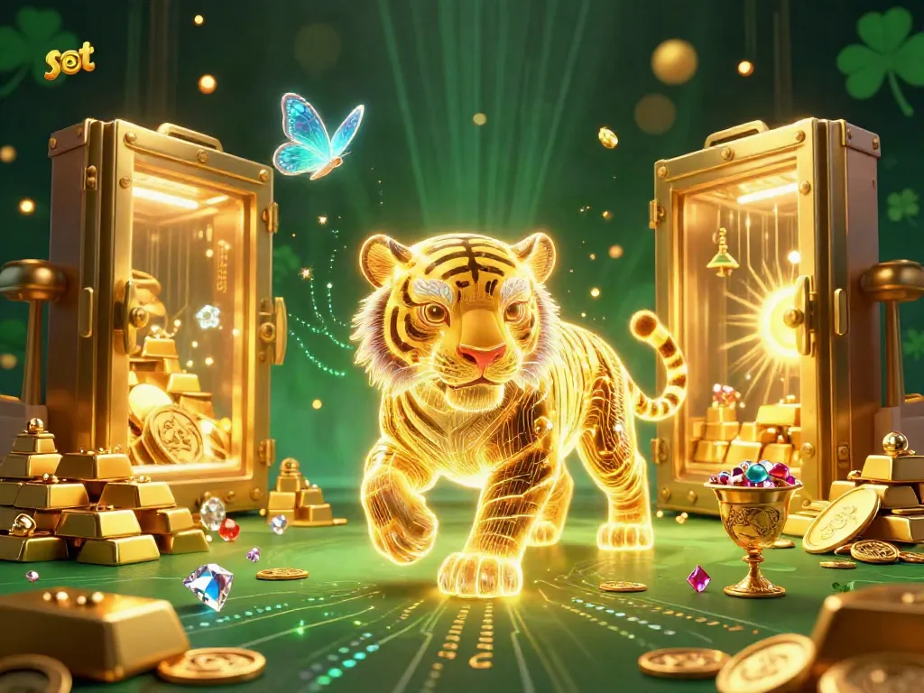 Menggulung mesin slot dengan karakter harimau emas yang bersinar dalam suasana kasino digital yang megah.