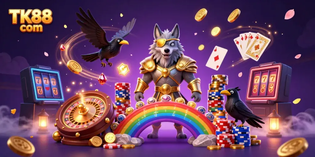 Engage with exciting games at TK88 com amid a vibrant casino atmosphere with dynamic 3D characters.