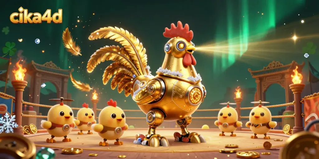 Engage with cika4d's exhilarating cockfighting arena featuring a golden rooster robot and baby chick drones!
