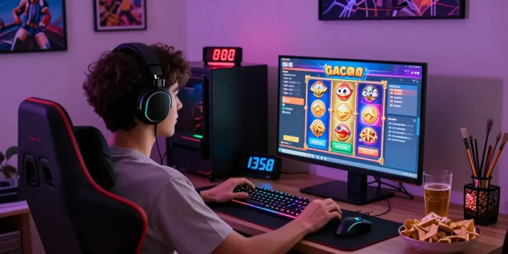 Player enjoying slot gacor game at home, showcasing vibrant gaming setup.