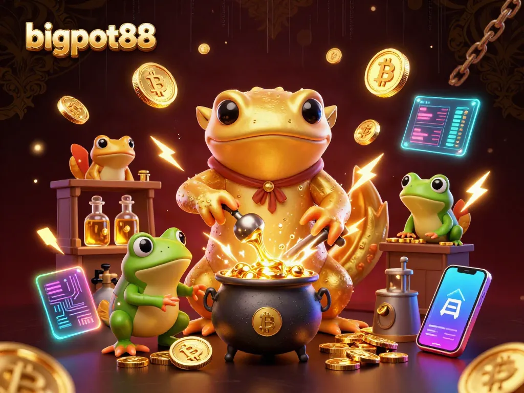 bigpot88 menampilkan alkemis salamander yang mengubah logam menjadi koin emas di kasino, dengan elemen kripto