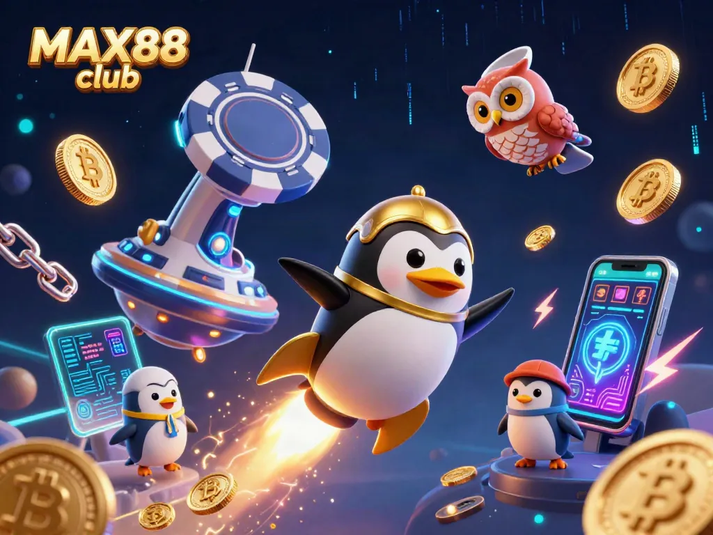 Experience the excitement of MAX88 club with a golden penguin racing toward a vibrant casino space station.
