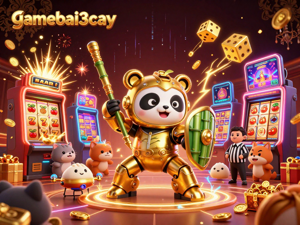 Experience the excitement of gamebai3cay with a golden panda in 3D action amidst vibrant casino games.