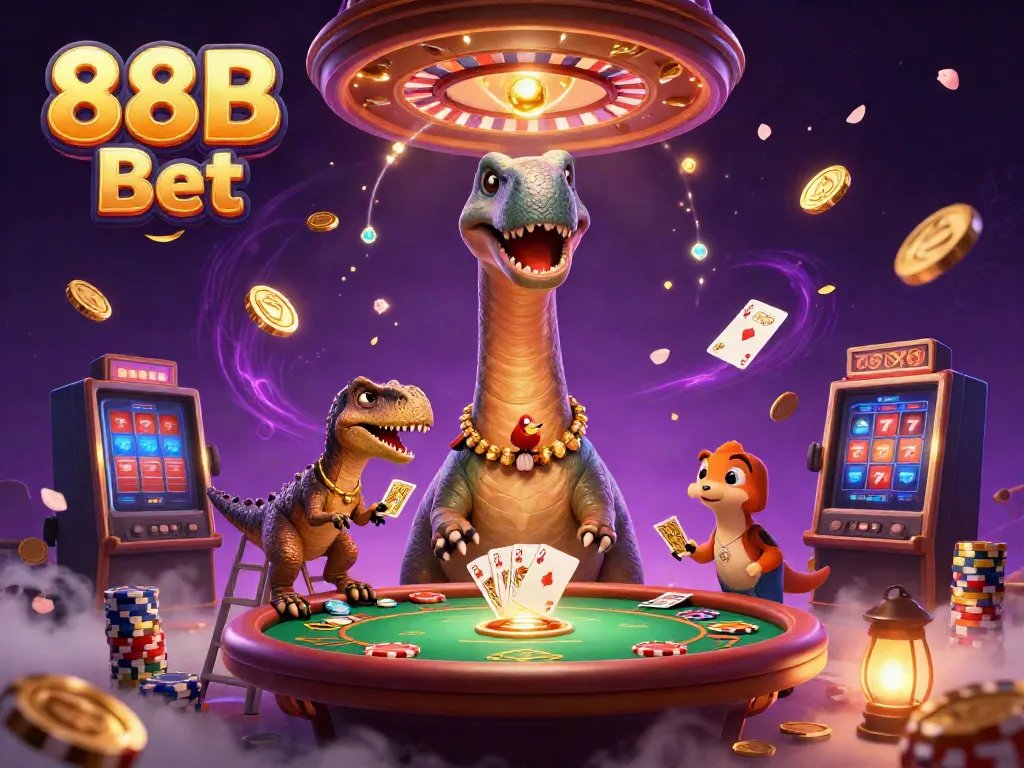 88B Bet scene with a brontosaurus and clever raptor playing cards amidst casino elements.