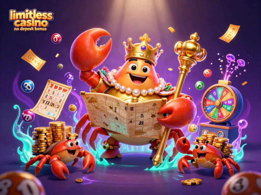 Uncover the limitless casino no deposit bonus with vibrant visuals of a crab emperor and lottery elements.