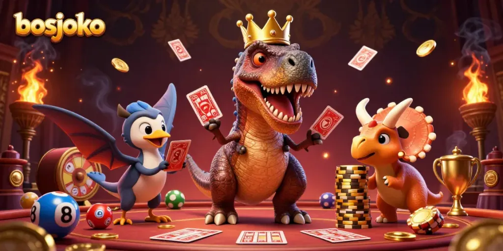 Bosjoko promotes engaging lottery gameplay with cartoon dinosaurs interacting and winning dynamic rewards.