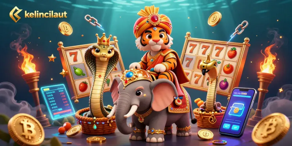 Experience vibrant slot gaming with kelincilaut's delightful 3D scene featuring unique characters and cryptocurrency elements.
