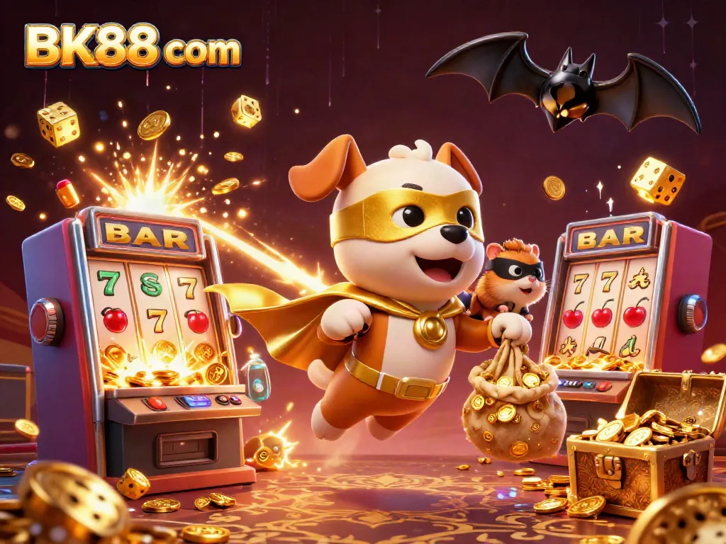 Experience the thrill of BK88 com with a superhero dog and exciting casino elements!
