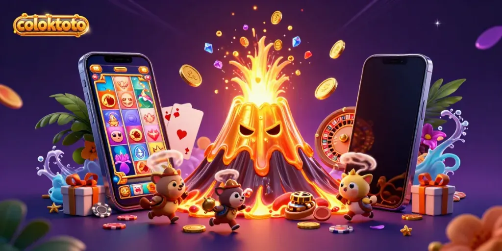 Play engaging slot games at coloktoto; a triumphant volcano erupts coins and gems in a lively casino scene.
