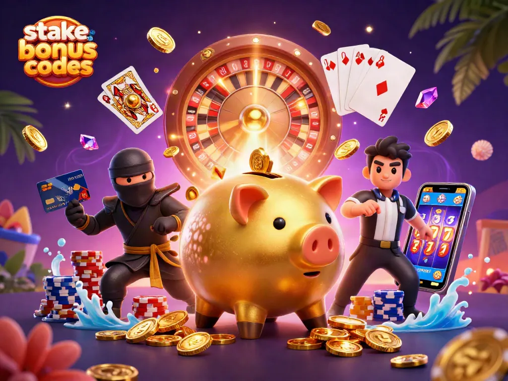 Join the fun and win with stake us bonus codes in this colorful 3D casino illustration.