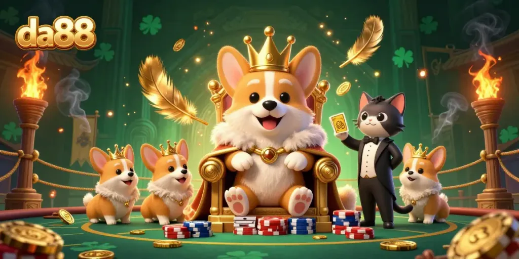 da88 showcases a regal corgi seated on poker chips, exuding casino charm with vivid gold accents.