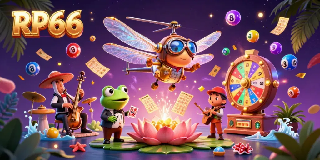 Experience the vibrant world of RP66 as a dragonfly pilot takes flight over a lily pad casino filled with games and excitement.