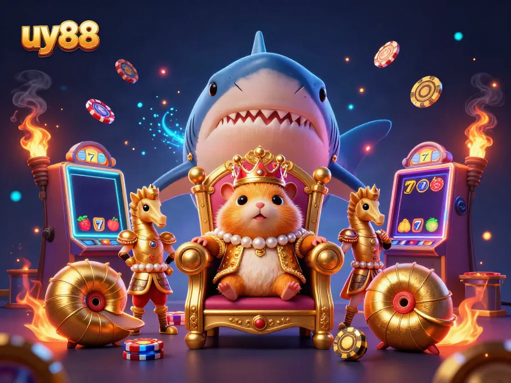 Engage with uy88's thrilling casino experience featuring a golden hamster king among vibrant slot machines and roulette wheels.
