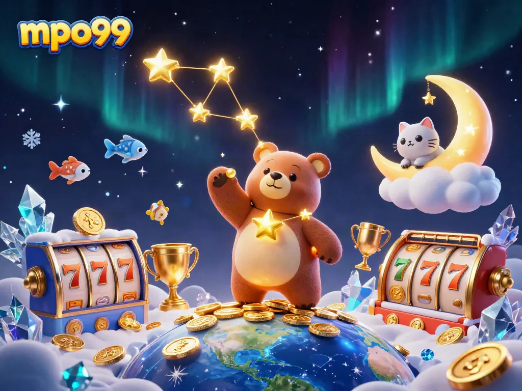 Menangkan koin di mpo99 saat bermain slot dengan gambar beruang konstelasi dan simbol keberuntungan.