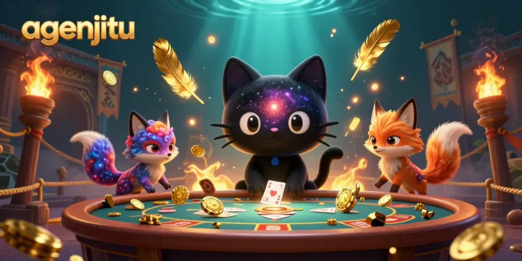 Gambarkan agenjitu dengan kucing hitam berblack hole di kasino kosmik dengan chip emas.