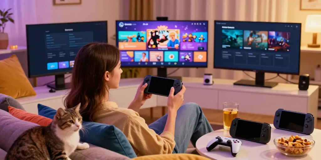 Engaging mobile gaming with Yono Games app, cozy setting, snacks, and a playful cat.