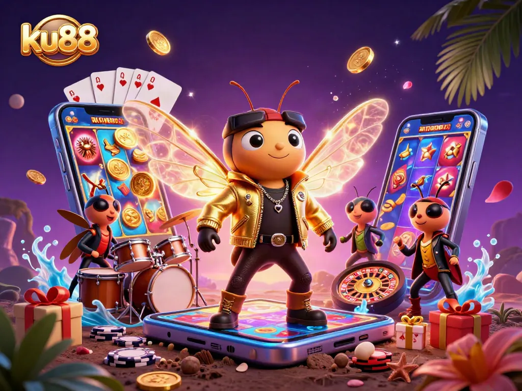 ku88 casino illustration with a rock star cicada, vibrant gaming elements, and dynamic action.