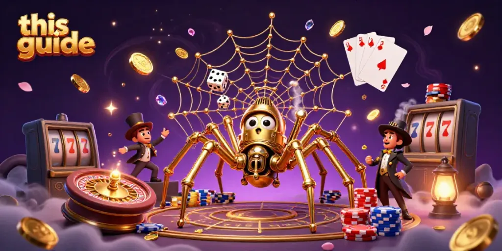 Engage with this guide featuring a playful steampunk spider catching dice in a golden web.