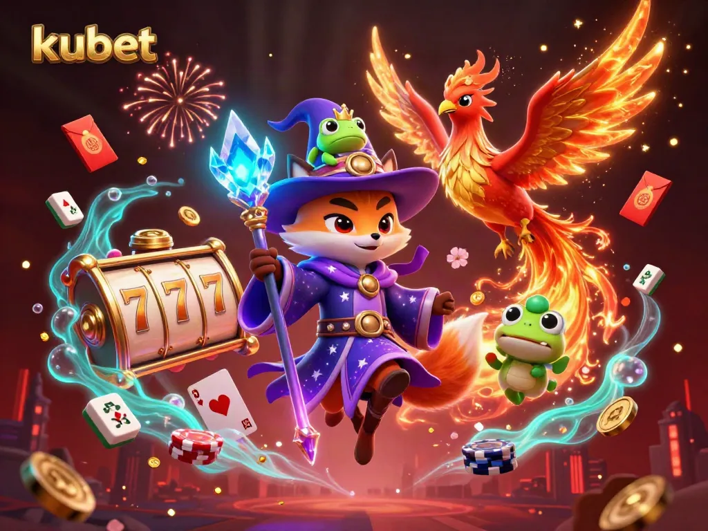 Experience thrilling moments at Kubet with a mystical fox and a phoenix in an enchanting casino scene.